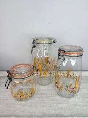 Set of 3 Vintage Arc Made in France wheat pattern glass canister jars